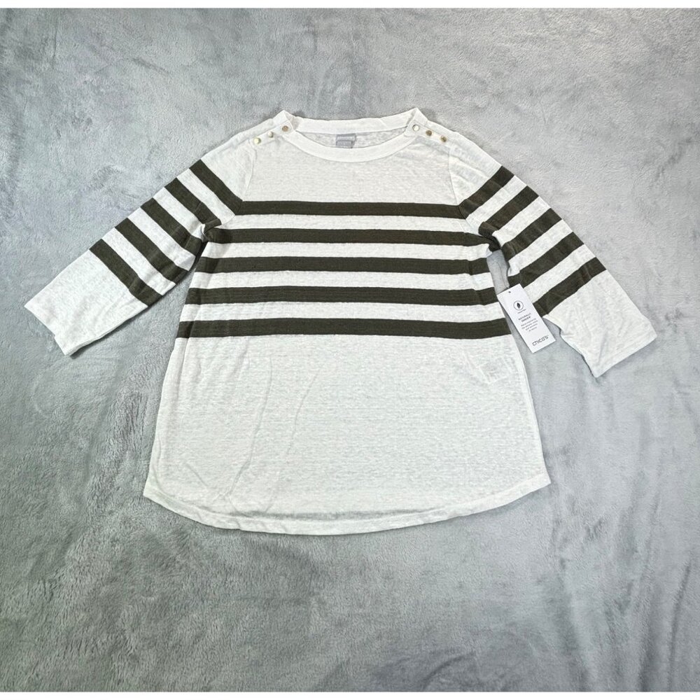 Chico's Blouse Women's Medium White and Green Striped Linen Top